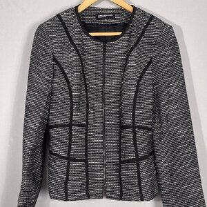 JONES NEW YORK Black Tweed Geometric Trim Zipper Blazer Jacket 10 Office Career